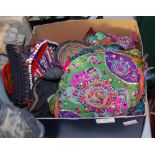 BOX OF ASSORTED CHINESE SILK WORK AND NEEDLEWORK CAPS, TEXTILES AND ACCESSORIES