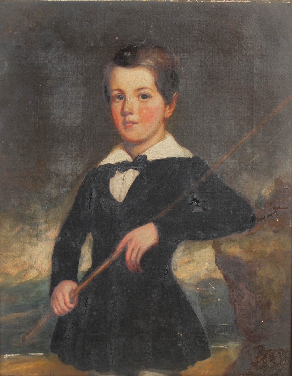 A 19TH CENTURY BRITISH SCHOOL, THREE QUARTER LENGTH PORTRAIT OF A BOY HOLDING A FISHING ROD, OIL