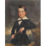 A 19TH CENTURY BRITISH SCHOOL, THREE QUARTER LENGTH PORTRAIT OF A BOY HOLDING A FISHING ROD, OIL