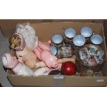 BOX OF VARIOUS ITEMS TO INCLUDE TWO BISQUE HEAD DOLLS, A LATER DOLL, TWO CRICKET BALLS, SOAPSTONE
