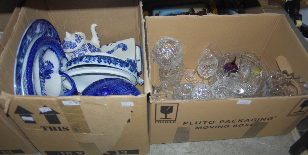 TWO BOXES, ONE WITH ASSORTED BLUE AND WHITE CERAMICS, THE OTHER ASSORTED GLASSWARE