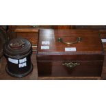 A MAHOGANY CYLINDRICAL FORM LIDDED STORAGE JAR TOGETHER WITH A MAHOGANY TEA CADDY