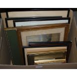 BOX OF ASSORTED DECORATIVE PICTURES, PRINTS, ETCHINGS