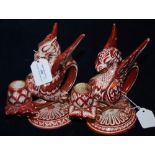 A PAIR OF CANTAGALLI LUSTRE GRIFFIN FORM CANDLE SCONCES WITH BLUE PAINTED COCKEREL MARK