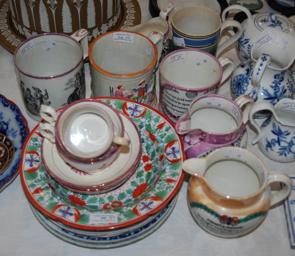 A COLLECTION OF 19TH CENTURY CERAMICS TO INCLUDE TWO FROG MUGS, A MOCHAWARE TANKARD, CREAM JUG, CAST