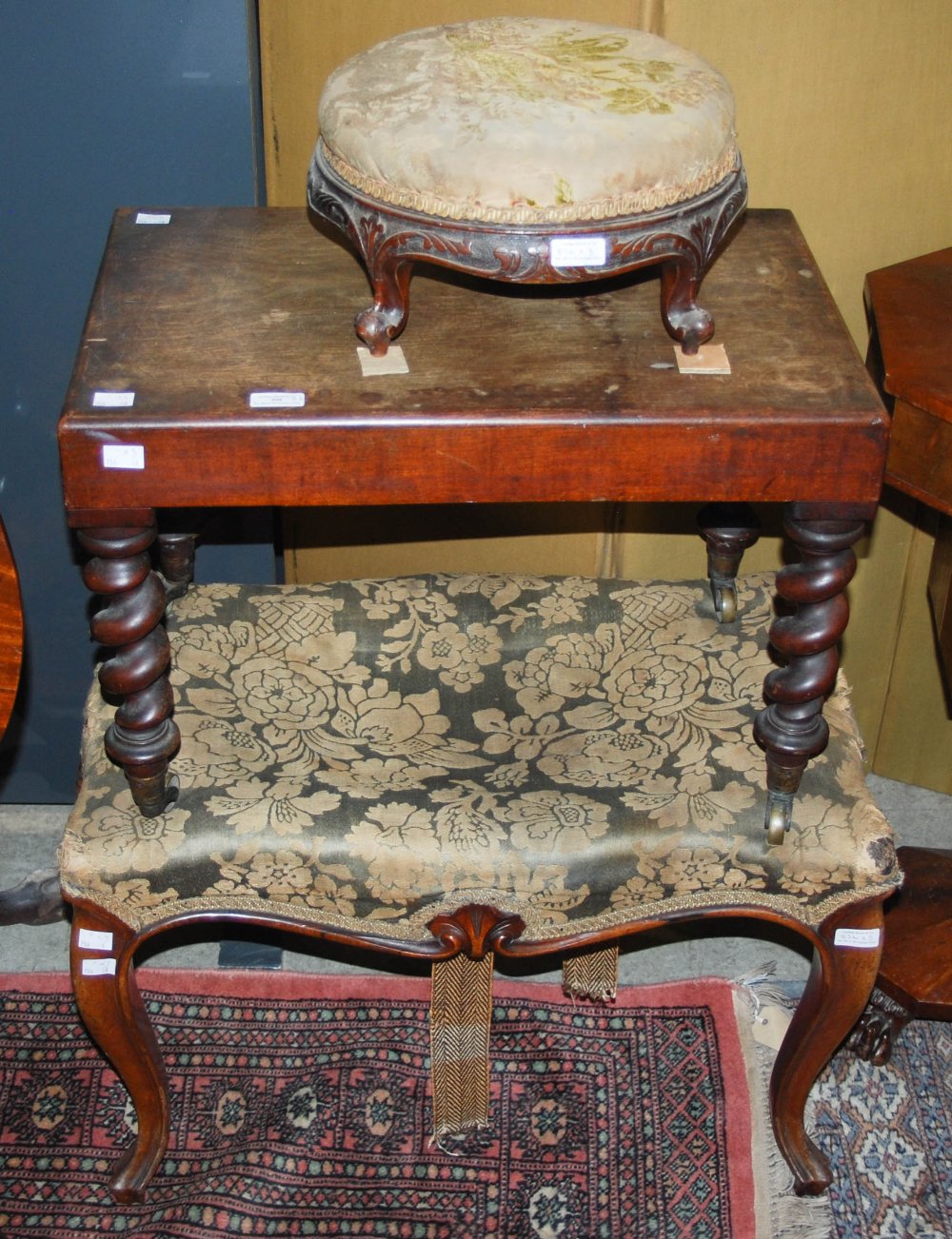 A VICTORIAN ROSEWOOD RECTANGULAR DRESSING TABLE STOOL, A MAHOGANY OCCASIONAL ON FOUR TAPERED
