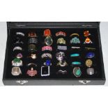 A BLACK RING BOX CONTAINING THIRTY SIX ASSORTED RINGS WITH SEMI PRECIOUS STONE SET DETAIL