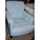 A VICTORIAN STYLE PALE BLUE UPHOLSTERED ARMCHAIR, TOGETHER WITH A PALE BLUE AND BEIGE STRIPED