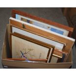 BOX OF ASSORTED DECORATIVE PICTURES, PRINTS, WATERCOLOURS, SILK PICTURES