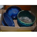 GREEN GROUND POTTERY JARDINIERE, "SHFI DAOU", TOGETHER WITH BLUE GLAZED LOCH NESS BOWL, AND