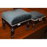 A MAHOGANY SERPENTINE FORM BLUE UPHOLSTERED FOOTSTOOL WITH CABRIOLE SUPPORTS, TOGETHER WITH A
