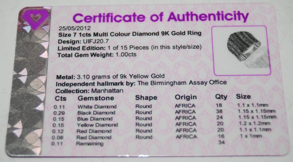 A 9CT GOLD AND MULTI-COLOUR DIAMOND SET RING, SET WITH WHITE, BLACK, BLUE, YELLOW AND RED COLOURED - Image 2 of 2