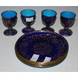 A GROUP OF FOUR CHINESE LAPIS BLUE ENAMELLED CUPS AND FIVE DISHES ALL WITH GILDED DECORATION, PROBA