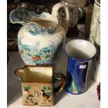 CERAMICS TO INCLUDE HIGHLAND STONEWARE BLUE GLAZED VASE, ROYAL DOULTON "PICKWICK PAPERS" JUG, AND AN