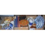 THREE BOXES - ASSORTED CERAMICS, WOODEN WARE, TABLE LAMPS ETC