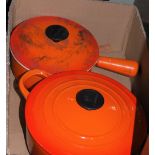 TWO LE CREUSET VOLCANO ORANGE COOKING POTS AND COVERS