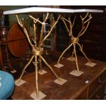 A PAIR OF DECORATIVE GILT METAL AND WHITE MARBLE SQUARE-SHAPED OCCASIONAL TABLES ON BRANCH-FORM
