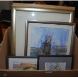 BOX OF FIVE DECORATIVE FRAMED PICTURES TO INCLUDE KATE HENDERSON "CASTLE STUDY DETAIL", A STUDY OF