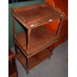 A VICTORIAN STYLE MAHOGANY THREE TIER WHATNOT, WITH ONE FRIEZE DRAWER