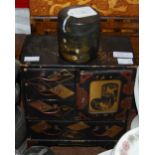 A JAPANESE LACQUER TABLE CABINET AND A CYLINDRICAL LACQUER BOX AND COVER