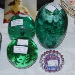 THREE ASSORTED GREEN GLASS DUMP PAPERWEIGHTS, AND A JOHN DEACONS MILLEFIORI GLASS PAPERWEIGHT