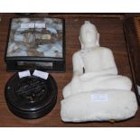 AN EASTERN CARVED STONE FIGURE OF BUDDHA, A MOTHER OF PEARL SQUARE SHAPED BOX AND COVER, TOGETHER