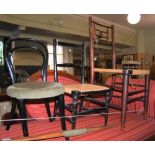 AN ARTS & CRAFTS STYLE SIDE CHAIR WITH STRING WORK SEAT, TOGETHER WITH TWO EBONISED CHILDRENS