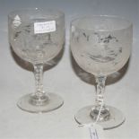 A PAIR OF LATE 19TH CENTURY WINE GOBLETS WITH VINE ETCHED DETAIL ON FACET CUT STEMS