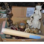 BOX OF ASSORTED HOUSEHOLD ITEMS, GLASSWARE, ORNAMENTAL FIGURES, BOOKS, ROLL OF PRINTS, CERAMIC