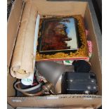 BOX OF ASSORTED ITEMS TO INCLUDE PELHAM PUPPETS, VICTORIAN LACQUERED DESK BLOTTER WITH REVERSE-