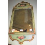 A VINTAGE GREEN-PAINTED RECTANGULAR WALL MIRROR WITH SHELL AND FOLIATE CARVED CREST, PAINTED
