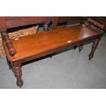 A LATE 19TH/ EARLY 20TH CENTURY OAK HALL BENCH/ WINDOW SEAT WITH CYLINDRICAL FORM HANDLES WITH