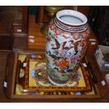 A DECORATIVE CHINESE POTTERY VASE TOGETHER WITH TWO BUTTERFLY WING TRAYS