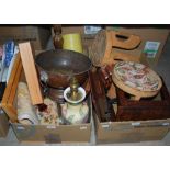 TWO BOXES OF ASSORTED HOUSEHOLD GOODS, COPPER FOOTED BOWL, TABLE LAMPS, STOOLS, COPPER JELLY