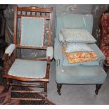 A BEECH WOOD ROCKING CHAIR WITH UPHOLSTERED BACK, ARMS AND SEAT TOGETHER WITH A SIMILARLY