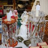 A FROSTED GLASS TABLE LUSTRE, CONVERTED TO A TABLE LAMP TOGETHER WITH ANOTHER RUBY GLASS TABLE