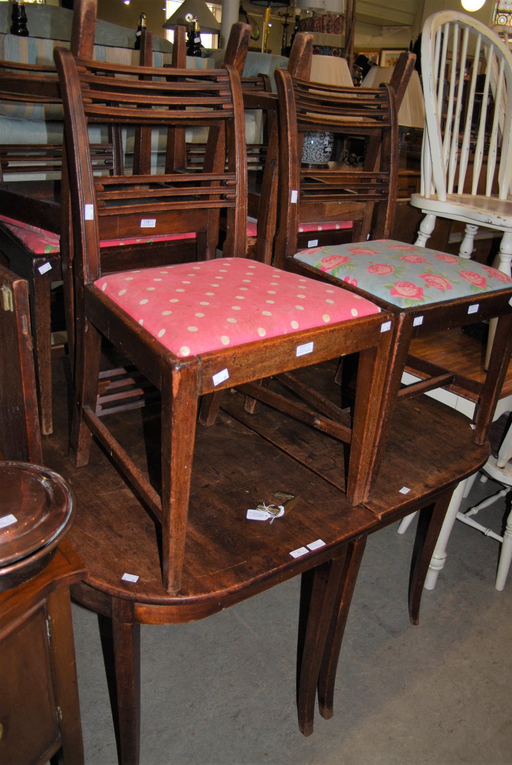 A 19TH CENTURY MAHOGANY D-END DINING TABLE WITH SINGLE LEAF AND SIX MATCHING CHAIRS