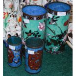 A PAIR OF JAPANESE GREEN GROUND CLOISONNE VASES, AND TWO OTHER SIMILAR GRADUATED BLUE GROUND