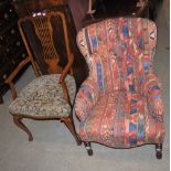 A VICTORIAN STYLE BUTTON DOWN UPHOLSTERED ARMCHAIR, AND AN EDWARDIAN MAHOGANY ARMCHAIR WITH