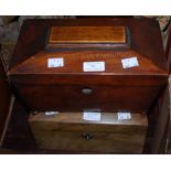 A VICTORIAN ROSEWOOD WORK BOX AND A 19TH CENTURY MAHOGANY SARCOPHAGUS SHAPED TEA CADDY