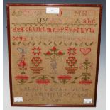 A 19TH CENTURY NEEDLEWORK SAMPLER DATED 1826, WORKED IN COLOURED THREADS WITH ALPHABET, FLOWERS,