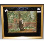 LATE 19TH/ EARLY 20TH CENTURY NEEDLEWORK PICTURE DEPICTING LADY IN A GARDEN WITHIN VERRE EGLOMISE