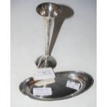 A SHEFFIELD SILVER OVAL SHAPED TRAY AND A BIRMINGHAM SILVER BUD VASE