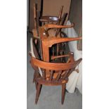 THREE STAINED WOOD ARMCHAIRS AND A CABRIOLE LEG STOOL WITH DROP-IN NEEDLEWORK UPHOLSTERED SEAT