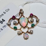 A YELLOW METAL, OPAL, SPLIT PEARL AND GEM SET HEART SHAPED PENDANT