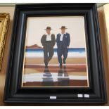 AFTER JACK VETTRIANO - TWO FIGURES WALKING ON BEACH, OIL ON CANVAS IN EBONISED FRAME, 48CM X 38CM