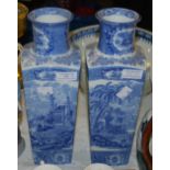 A PAIR OF "HM & CO, ENGLAND" TRANSFER PRINTED TAPERED SQUARE-FORM VASES DECORATED WITH LANDSCAPE