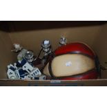 BOX OF ASSORTED ITEMS TO INCLUDE ORNAMENTAL HANGING HOT AIR BALLOON, THREE-LIGHT CANDELABRA, KLM