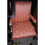 A 19TH CENTURY MAHOGANY GAINSBOROUGH ARMCHAIR WITH PINK UPHOLSTERED BACK, ARMS AND SEAT