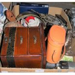 BOX OF ASSORTED HOUSEHOLD ITEMS TO INCLUDE UNION JACK FLAG, BINOCULARS, SPIRITS FLASK, DOG FORM